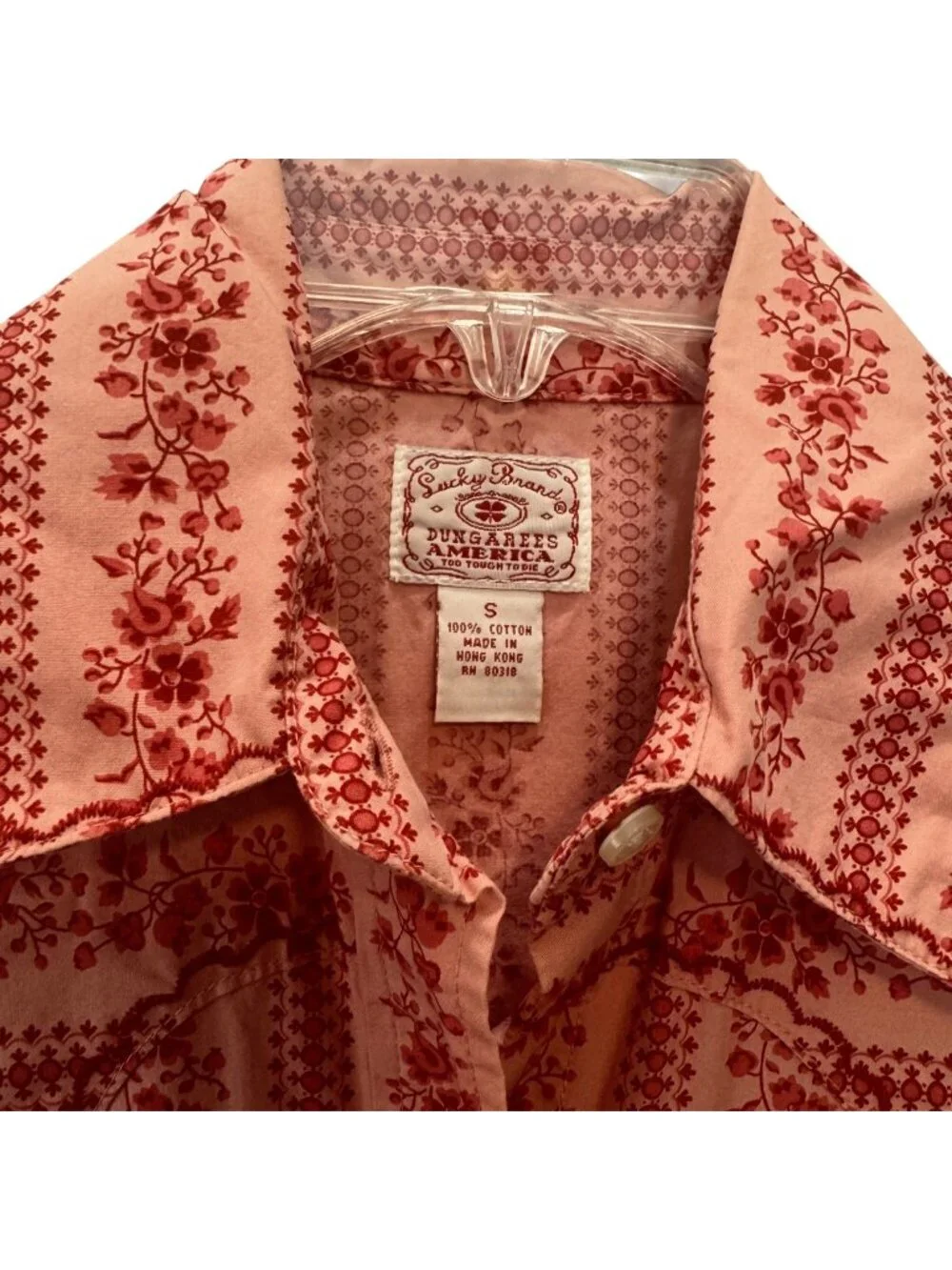 Vintage Lucky Brand Dungarees Pearl Snap Western Blouse Wallpaper Print - Small - Picture 1 of 11